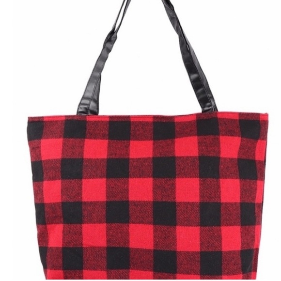 Plaid Flannel Shoulder Tote Bag Red Black Buffalo Plaid Tote - Picture 2 of 5